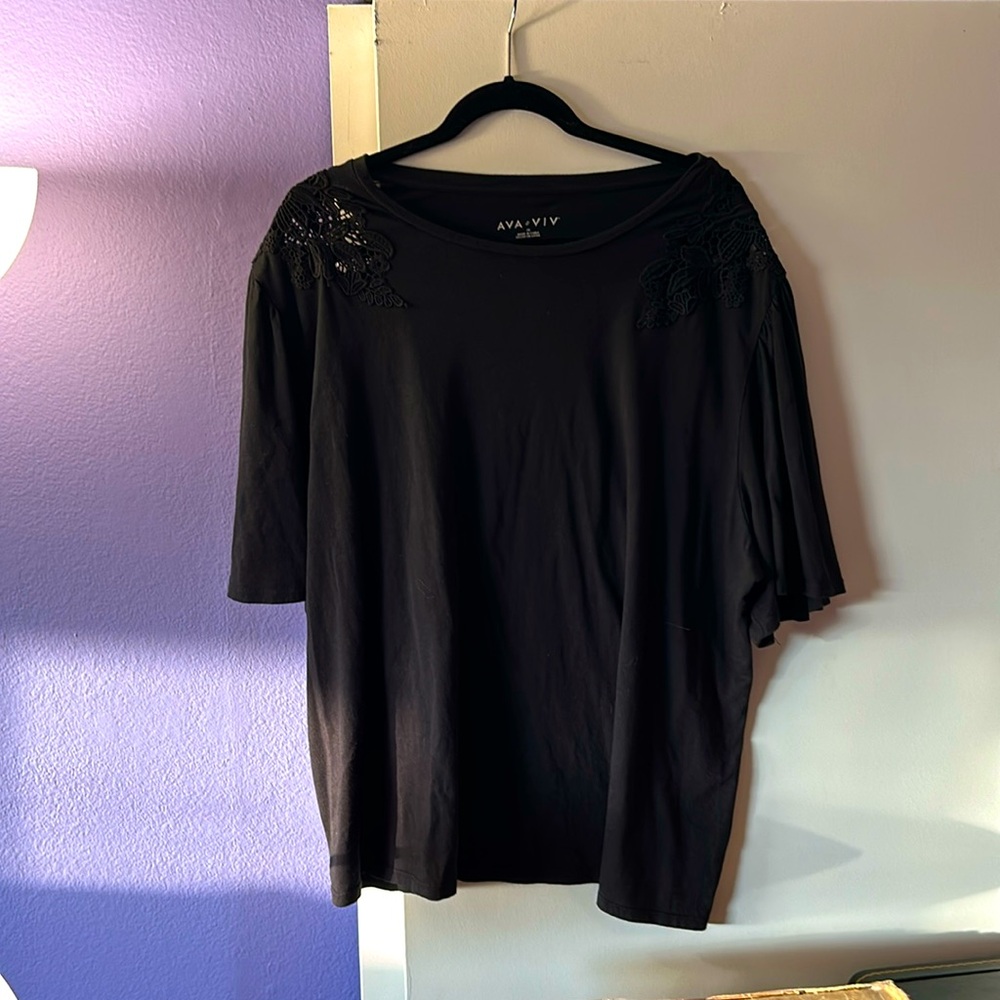 Plus size black t shirt with lacy shoulder detail 2x
